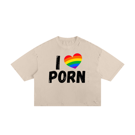 I love Porn (Rainbow Heart) Classic Frayed Boxy Tee